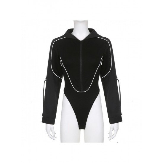 Stylish Hooded Collar Long Sleeve Black Bodysuits