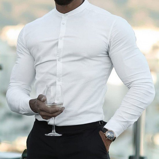 Pure Color White Long Sleeve Stand Collar Men Shirts