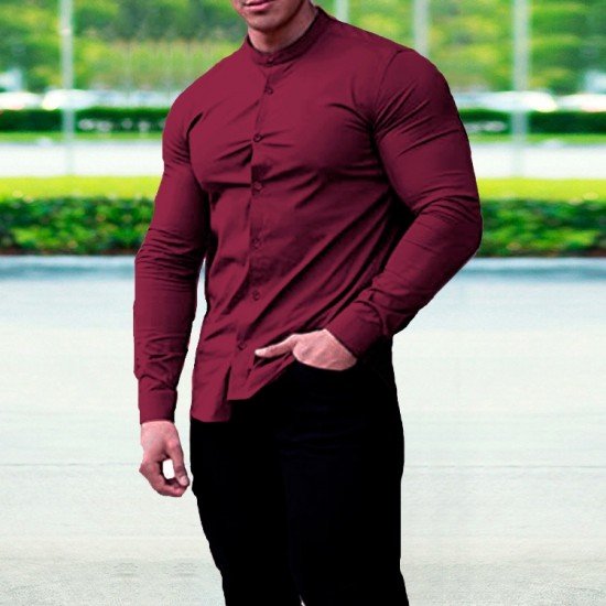 Pure Color White Long Sleeve Stand Collar Men Shirts