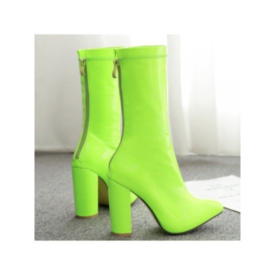 New Solid PU Mid Calf Boots Chunky High Boots