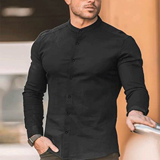 Pure Color White Long Sleeve Stand Collar Men Shirts