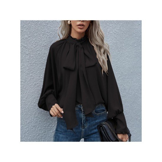 New Ladies Lantern Sleeve Tie Neck Blouse