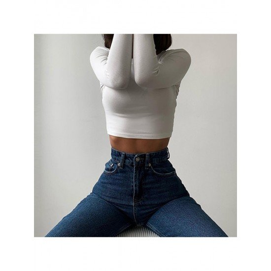 Ladies White Long Sleeve Cropped Tops