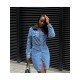 Street Solid Button Up Denim Long Sleeve Short Dress