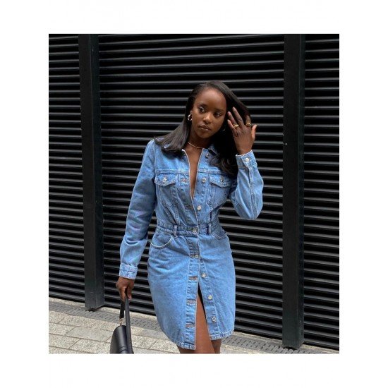 Street Solid Button Up Denim Long Sleeve Short Dress