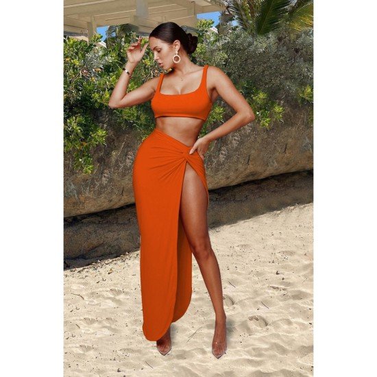 Sexy Pure Color Crop Tank Top And Long Skirt Sets