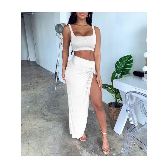 Sexy Pure Color Crop Tank Top And Long Skirt Sets