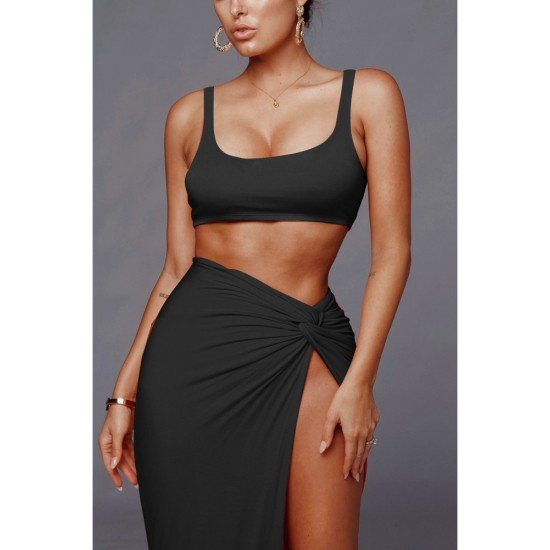 Sexy Pure Color Crop Tank Top And Long Skirt Sets