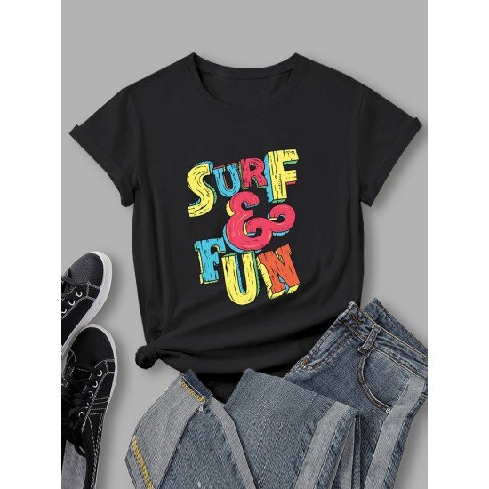 Letter Printed Black Summer T Shirts For Women