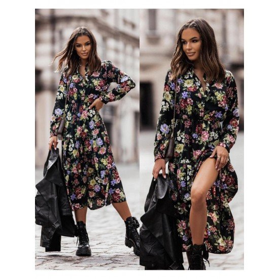  Beach Floral Split Hem Long Sleeve Dress