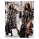  Beach Floral Split Hem Long Sleeve Dress