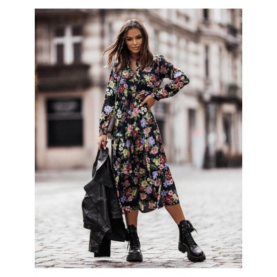  Beach Floral Split Hem Long Sleeve Dress