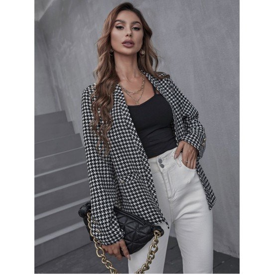 Houndstooth V Neck Long Sleeve Women Coats