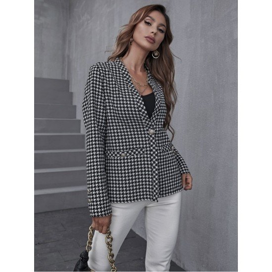 Houndstooth V Neck Long Sleeve Women Coats