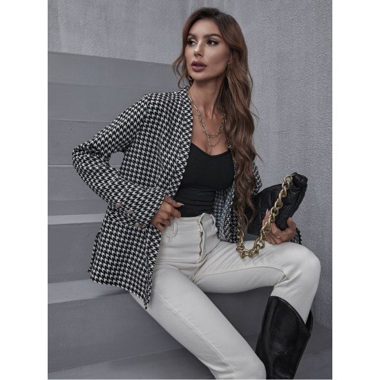 Houndstooth V Neck Long Sleeve Women Coats