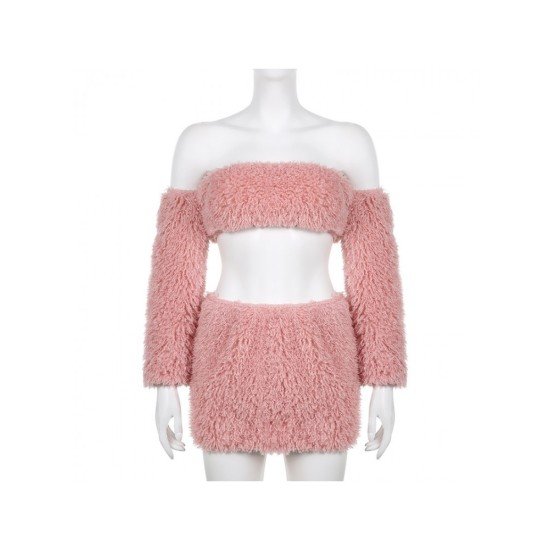 Sexy Pink Plush Crop Top Two-Piece Skirt Set