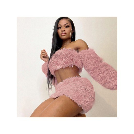 Sexy Pink Plush Crop Top Two-Piece Skirt Set