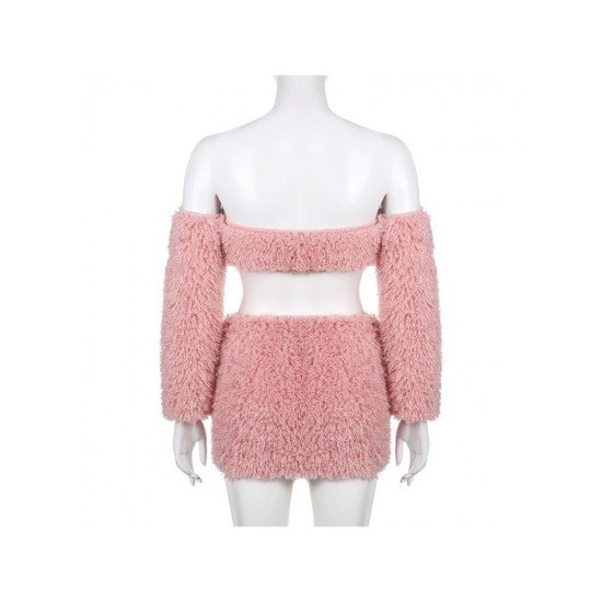 Sexy Pink Plush Crop Top Two-Piece Skirt Set