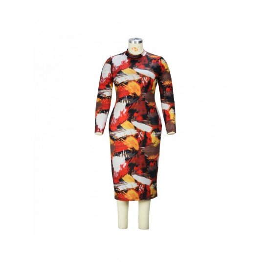 Colorful Printed Long Sleeve Plus Size Dresses