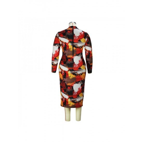 Colorful Printed Long Sleeve Plus Size Dresses