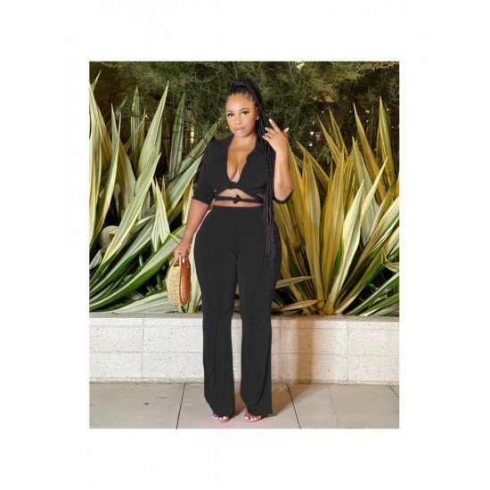 Trendy Solid Black Tie Wrap Matching 2 Piece Trouser Sets