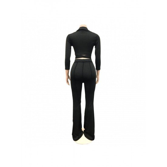 Trendy Solid Black Tie Wrap Matching 2 Piece Trouser Sets