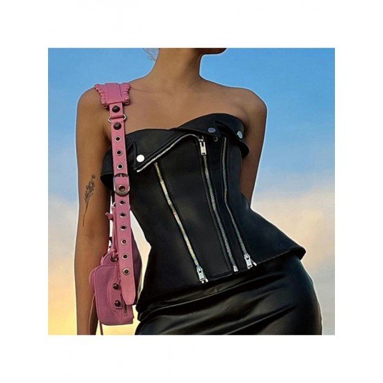 Punk Style Black Leather Zip Strapless Tops