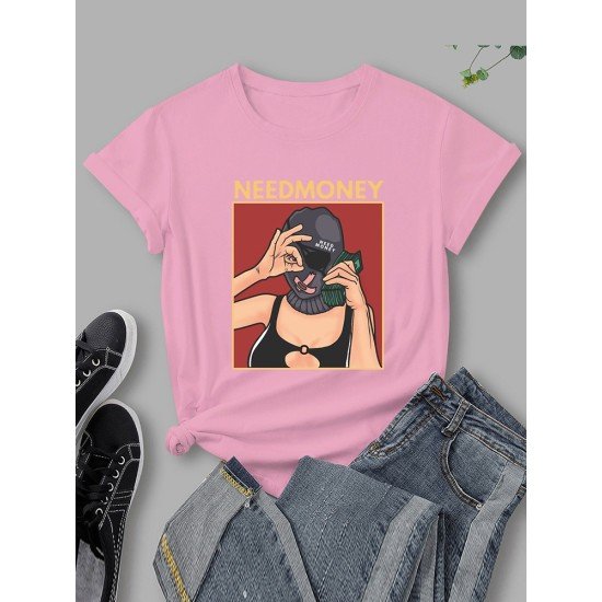 Money Graphic Crew Neck T Shirts For Women