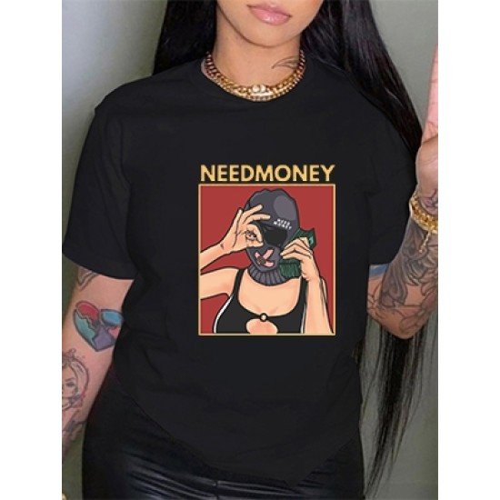 Money Graphic Crew Neck T Shirts For Women