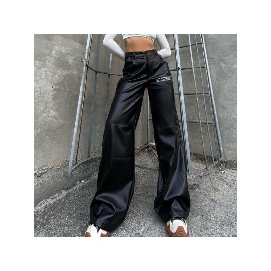 Letter Printed Black Leather Straight Leg Trousers