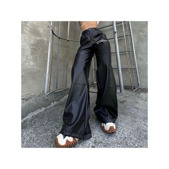 Letter Printed Black Leather Straight Leg Trousers