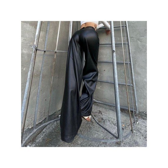 Letter Printed Black Leather Straight Leg Trousers