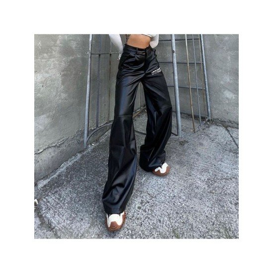 Letter Printed Black Leather Straight Leg Trousers