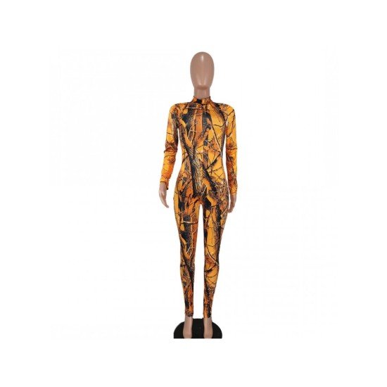 Printed Zipper Up Long Sleeve Jumpsuits For Women