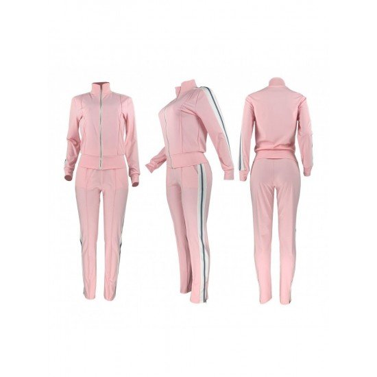  Pure Color Zipper Top And Trouser Sets