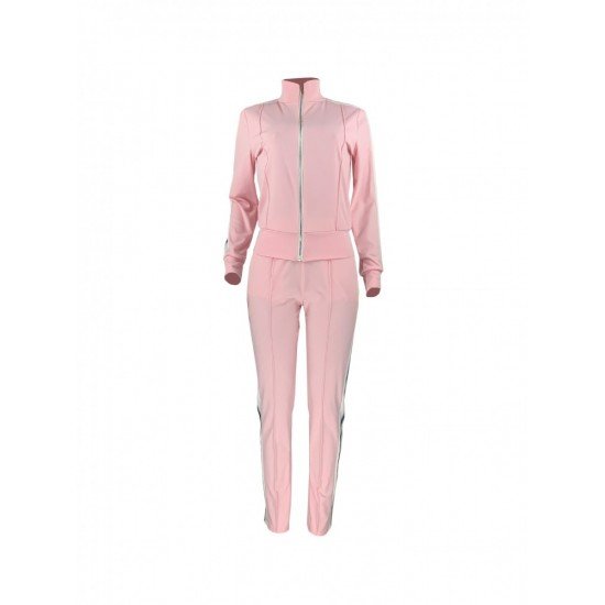  Pure Color Zipper Top And Trouser Sets