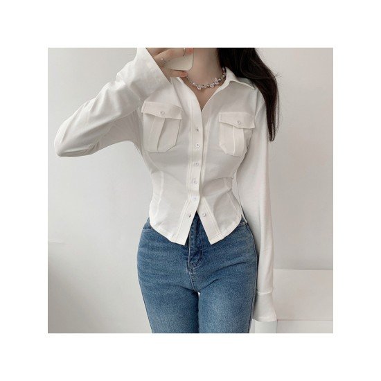 Pockets White Long Sleeve Ladies Blouse