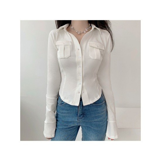 Pockets White Long Sleeve Ladies Blouse