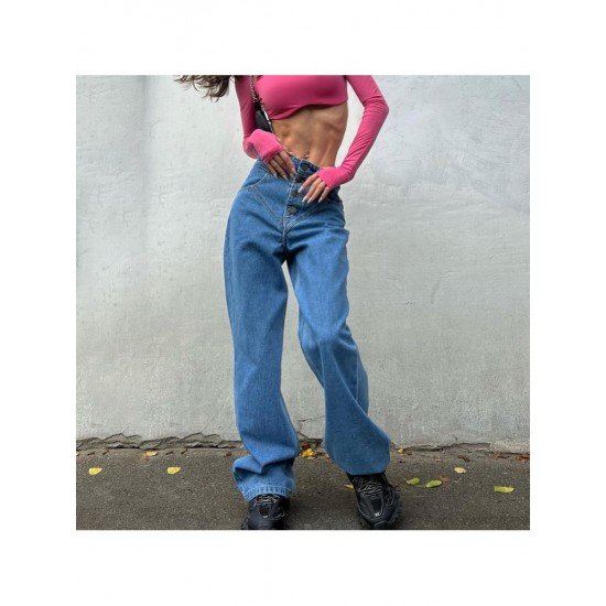 Stylish Blue Loose Straight Leg Trouser Jeans