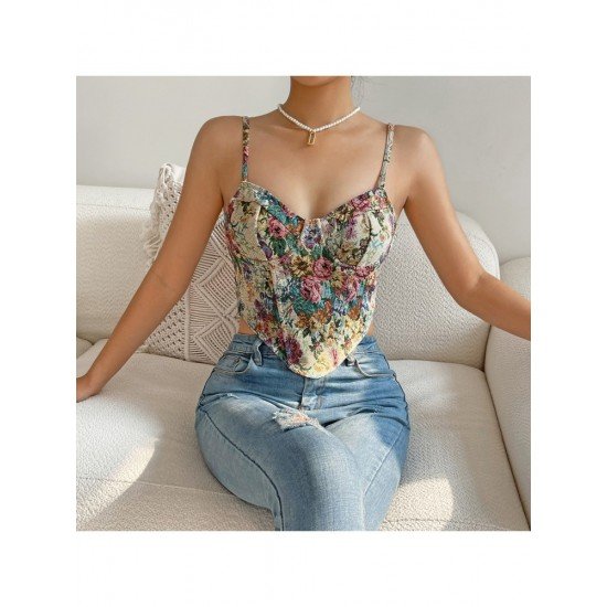  Retro French Flower Zipper Backless Sleeveless Vest