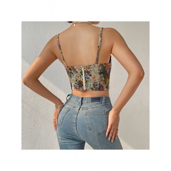  Retro French Flower Zipper Backless Sleeveless Vest