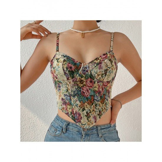  Retro French Flower Zipper Backless Sleeveless Vest