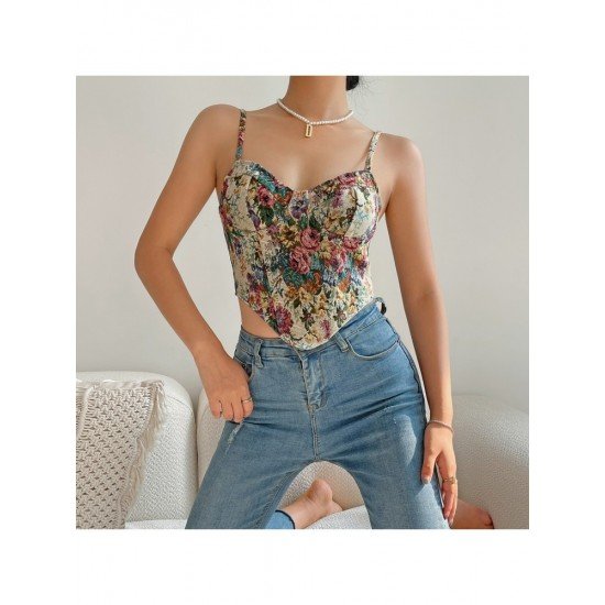  Retro French Flower Zipper Backless Sleeveless Vest