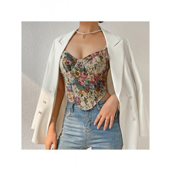  Retro French Flower Zipper Backless Sleeveless Vest