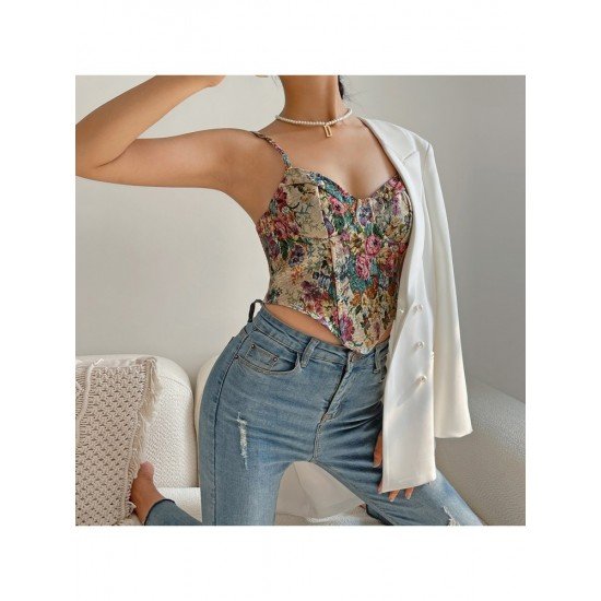  Retro French Flower Zipper Backless Sleeveless Vest