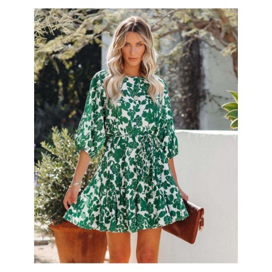  Women's Round Neck Floral Long Sleeve Dress