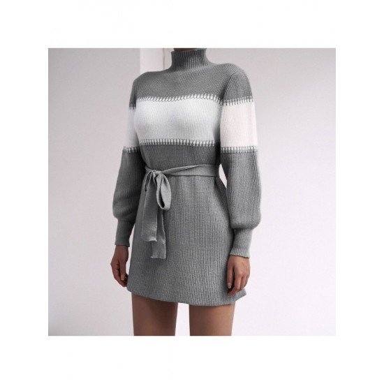  Casual Contrast Color Turtle Neck Knitted Dress