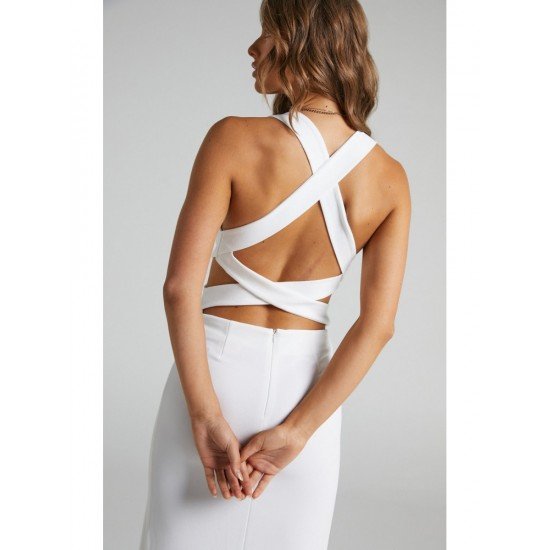 Ladies White Backless Sleeveless Slit Maxi Dress