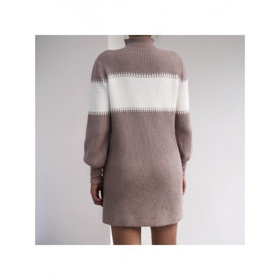  Casual Contrast Color Turtle Neck Knitted Dress