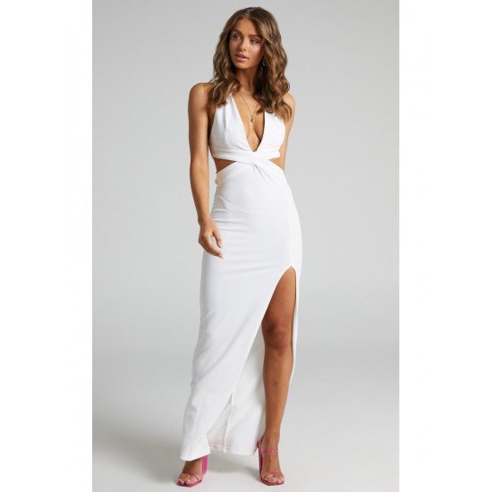 Ladies White Backless Sleeveless Slit Maxi Dress